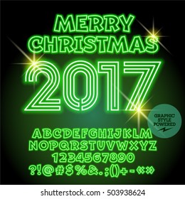 Vector light up Merry Christmas 2017 greeting card with set of letters, symbols and numbers. File contains graphic styles