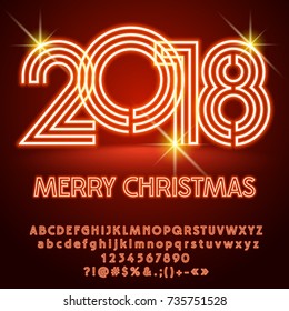 Vector light up Merry Christmas 2018 Greeting Card with Alphabet set of Letters, Symbols and Numbers. Neon Font contains Graphic Style