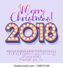 Vector light up Merry Christmas 2018 Greeting Card.  Vector colorful gradient calligraphic set of Alphabet letters, Numbers and Punctuation Symbols