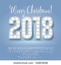 Vetor iluminar Cartão Feliz Natal 2018. Conjunto de Letras, Números, Símbolos.
