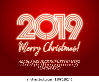 Vector light up Merry Christmas 2019 Greeting Card with Alphabet set of Letters, Symbols and Numbers. Neon Font.