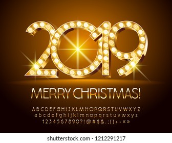 Vector light up Merry Christmas 2019 Greeting Card with Golden Alphabet set of Letters, Symbols and Numbers.