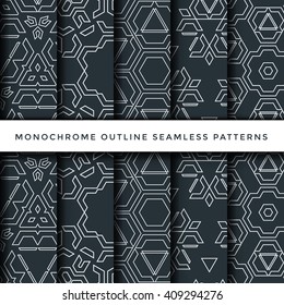 vector light monochrome outline decoration abstract geometric seamless patterns dark background collection