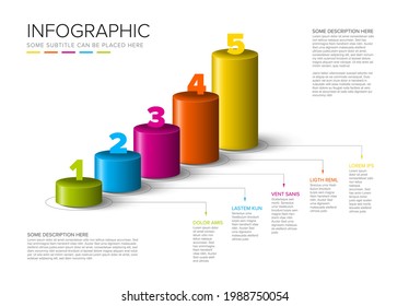 Infografische Vorlage für Vektorlichtvielzweck, die aus farbdiagonalen Zylindern gemacht wurde und Stufen-Treppendiagramm mit Zahlenbeschreibungen und Legende - weißer Hintergrund mit 5 Stufen-Elementen