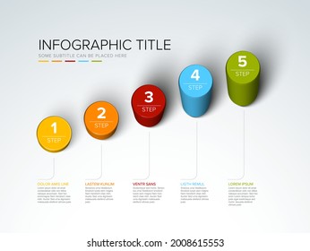 Vector light multipurpose Infographic template made from color diagonal cylinder steps growing levels stairs chart with numbers descriptions and legend - white background version with 5 steps elements