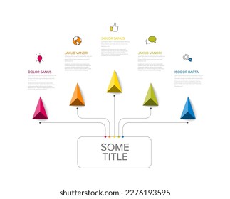 Plantilla de infografía con título y cinco elementos más pequeños. Infochart multipropósito con iconos de líneas de colores modernos y flechas de triángulo piramidal. 