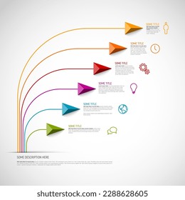 Plantilla de infografía con título y seis elementos más pequeños. Infochart multipropósito con colores modernos, iconos de líneas y flechas de triángulo piramidal que apuntan en una dirección