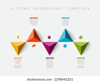 Vector light multipurpose Infographic template made from five color big triangle arrows containing five item elements descriptions and legend - white background version with 5 steps elements