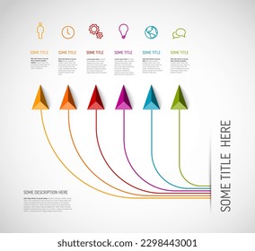 Plantilla de infografía con título y seis elementos más pequeños. Infochart multipropósito con colores modernos, iconos de líneas y flechas de triángulo piramidal que apuntan en una dirección