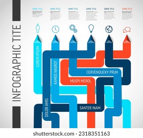 Vector light multipurpose Infographic template with blue red elements options and thick lines. Multipurpose Infochart with colors lines icons and pyramid triangle arrows pointing on one direction. 