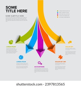 Vector light multipropósito Plantilla Infográfica con título y cinco opciones de elementos con flechas de gran color. Infochart multipropósito con colores modernos, iconos de líneas y flechas de triángulo piramidal 