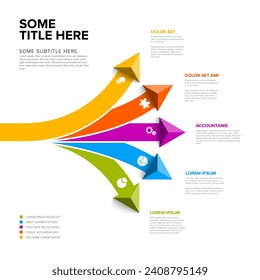 Vector light multipropósito Plantilla Infográfica con título y cinco opciones de elementos con flechas de gran color. Infochart multipropósito con colores modernos, iconos de líneas y flechas de triángulo piramidal