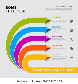 Plantilla de infografía con título y cinco elementos más pequeños.  Infochart con iconos de líneas de colores modernos y flechas de triángulo piramidal que apuntan en una dirección. 