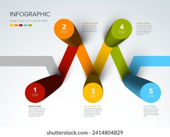 Vector light multipurpose Infographic template made from color diagonal cylinder steps  chart with numbers descriptions color stripes and legend - white background version with 5 steps elements