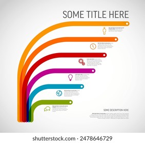 Vector ligero multipropósito Infografía Plantilla con título y seis Pequeñas opciones de Elementos. Infochart multiusos con líneas de colores gruesos modernos que apuntan en una dirección. 