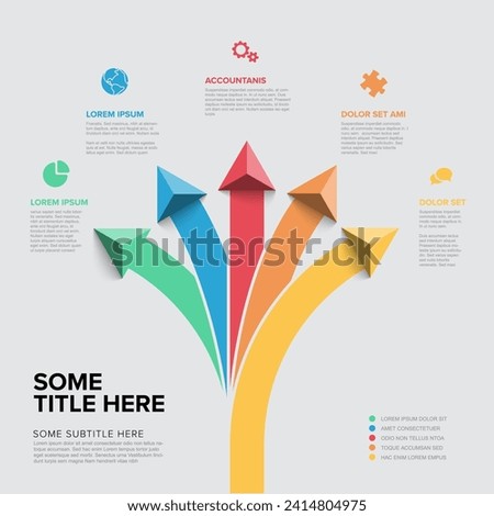 Vector light multipurpose Infographic template with title and five elements options with big up color arrows. Multipurpose Infochart with modern colors lines icons and pyramid triangle arrows