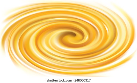 Vector light ocher whirl ripple backdrop with space for text. Beautiful curl fluid surface bright hot amber color. Circle mix of pure fresh sweet carrot, apricot, lemon dessert syrup as eddy caramel 