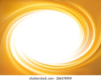 Vector light ocher whirl ripple backdrop with space for text. Beautiful curl fluid surface bright hot amber color. Circle mix of pure fresh sweet carrot, apricot, lemon dessert syrup as eddy caramel 