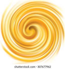 Vector light ocher whirl ripple backdrop with space for text. Beautiful curl fluid surface bright hot amber color. Circle mix of pure fresh sweet carrot, apricot, lemon dessert syrup as eddy caramel 