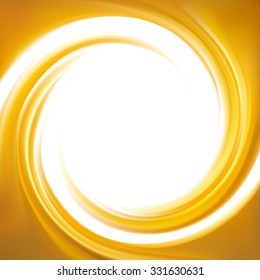 Vector light ocher whirl ripple backdrop with space for text. Beautiful curl fluid surface bright hot amber color. Circle mix of pure fresh sweet carrot, apricot, lemon dessert syrup as eddy caramel 