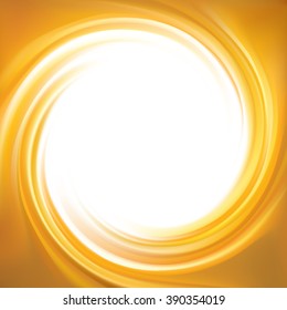 Vector light ocher whirl ripple backdrop with space for text. Beautiful curl fluid surface bright hot amber color. Circle mix of pure fresh sweet carrot, apricot, lemon dessert syrup as eddy caramel 