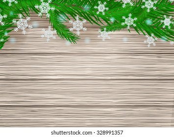 Vector light old wooden plank with christmas tree and snowflakes