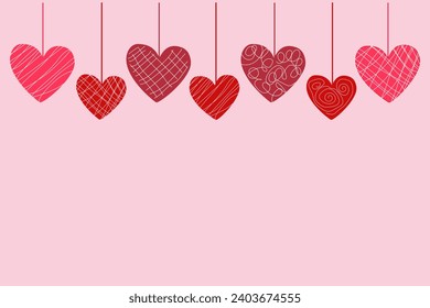 Vector light pink background, banner with red, pink and purple hearts, glazed candies on strings with place for text for the holidays Valentine's Day, wedding, birthday