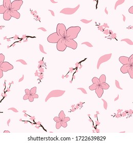 Vector light pink cherry blossom flower and branches seamless pattern background. Perfect for fabric, scrapbooking, and wallpaper projects