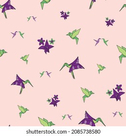 Vector Light pink hummingbird Origami birds with flowers background pattern