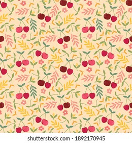 Vector light pink and red cherry seamless ditsy. Simple fruit fabric design.