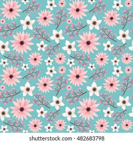 Vector Light Pink and White Flowers and Berries Seamless Pattern in Watercolor Style