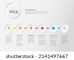Vector light progress steps template made from six light relief circles with descriptions and icons and rainbow colorful timeline in the background. Light timeline with color icons