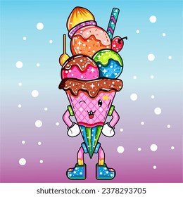 Vector light purple ice cream cone with various toppings