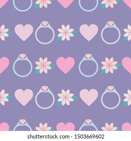 Vector light purple lucky symbols of heart, flower, and ring seamless pattern background. Perfect for numerous type of projects such as illustrations, wallpapers or covers.