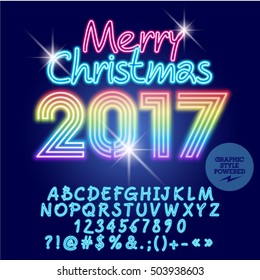 Vector Light Up Rainbow Merry Christmas 2017 Greeting Card With Set Of Letters, Symbols And Numbers. File Contains Graphic Styles