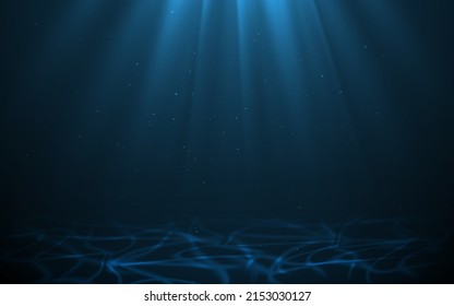 Vector Light Rays in Dark Blue Underwater Ocean Background. Sun Glare at the Bottom of Sea. Deep Ocean Stormy Water with Plankton Dust Particles. Sun Light Beams Illuminating Darkness Ocean Depths