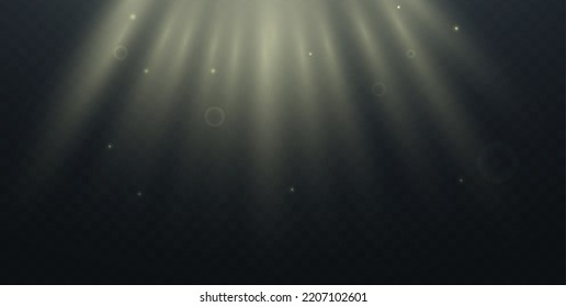 Rayos de luz vectorial en el fondo marino submarino azul oscuro. Sun Glare en el fondo del mar. Aguas tormentosas del océano profundo con partículas de polvo de Plankton. Vigas de luz solar que iluminan las profundidades del océano oscuro