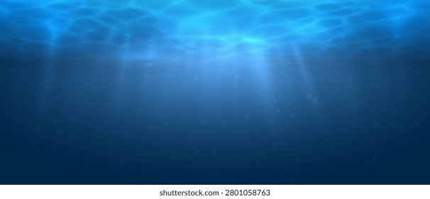 Vector Light Rays in Dark Blue Underwater Ocean Horizontal Background. Deep Sea Stormy Water with Plankton Dust Particles. Sun Light Beams Illuminating Darkness Ocean Depths. Water Surface