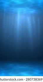 Vector Light Rays in Dark Blue Underwater Ocean Bottom Vertical Background. Deep Sea Stormy Water Plankton Dust Particles. Sun Light Beams Illuminating Darkness Ocean Depths. Social Network format
