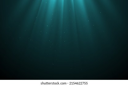 Vector Light Rays in Dark Turquoise Underwater Ocean Background. Deep Sea Stormy Water with Plankton Dust Particles. Sun Light Beams Illuminating Darkness Ocean Depths