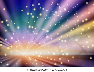 Vector. Light rays yellow, red, purple colored, shiny, colorful background, glare, gradient lighting from holiday lights, flash magic light.3D realistic illustrations.