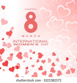 Vector light red background of Happy International Women's Day - 8 of March with pattern of hearts, number, hexagon net and text.