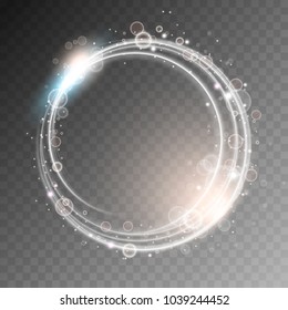 Vector light ring. Round shiny frame with lights dust trail particles isolated on transparent background. Magic concept
