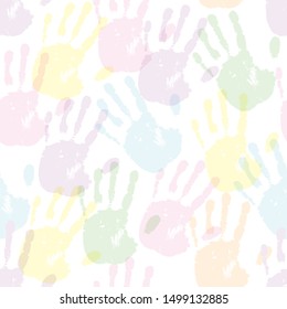 Vector light seamless pattern with different colors imprint, trace, stamp from the human hand