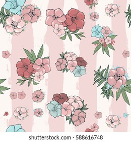 Vector light seamless pattern. Exotic beautiful pink and blue flowers on striped background. Floral wallpaper. Hand drawn illustration.