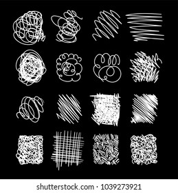 Vector light set of hand drawn scribble line shapes. . Set of hand drawn scribble symbols isolated. Doodle style sketches. Shaded and hatched badges and bubble shapes. Vector