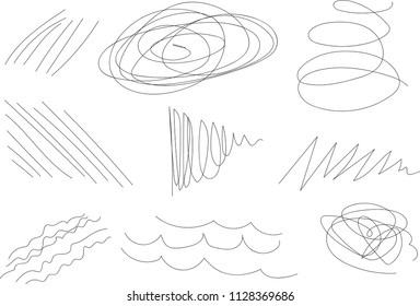 Vector light set of hand drawn scribble line shapes. Scribble brush strokes set. Logo design elements. Chaos doodle pattern. Vector illustration Isolated on white background