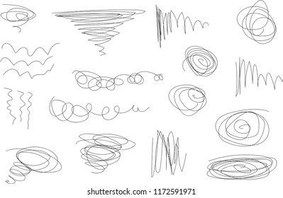Vector light set of hand drawn scribble line shapes. Scribble brush strokes set. Logo design elements. Chaos doodle pattern. Vector illustration Isolated on white background