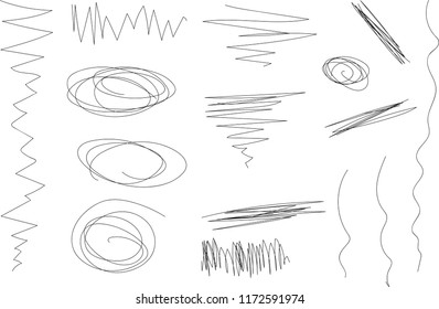 Vector light set of hand drawn scribble line shapes. Scribble brush strokes set. Logo design elements. Chaos doodle pattern. Vector illustration Isolated on white background