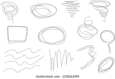 Vector light set of hand drawn scribble line shapes. Scribble brush strokes set. Logo design elements. Chaos doodle pattern. Vector illustration Isolated on white background